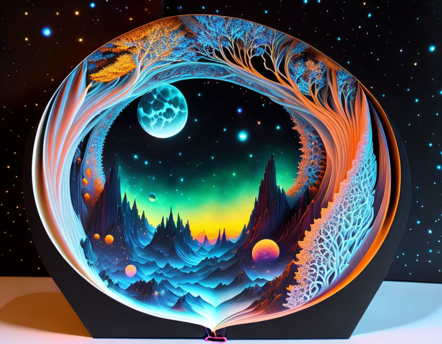 Circular Night Scene Artwork with Aurora Borealis and Celestial Bodies