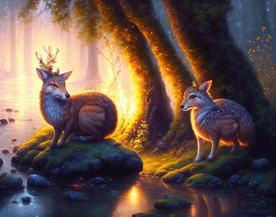 Mystical foxes with glowing spots in magical forest beside stream