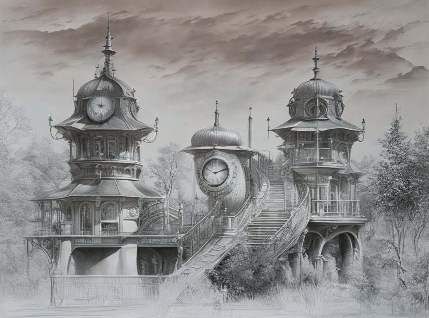 Monochrome fantasy drawing of intricate clock tower against cloudy sky