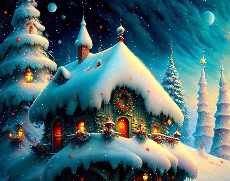 Snow-covered cottages and Christmas trees in starry night scene