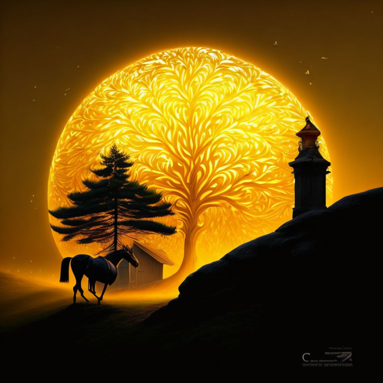 Silhouette of horse, cabin, tree, lighthouse, against glowing Tree of Life & dark sky