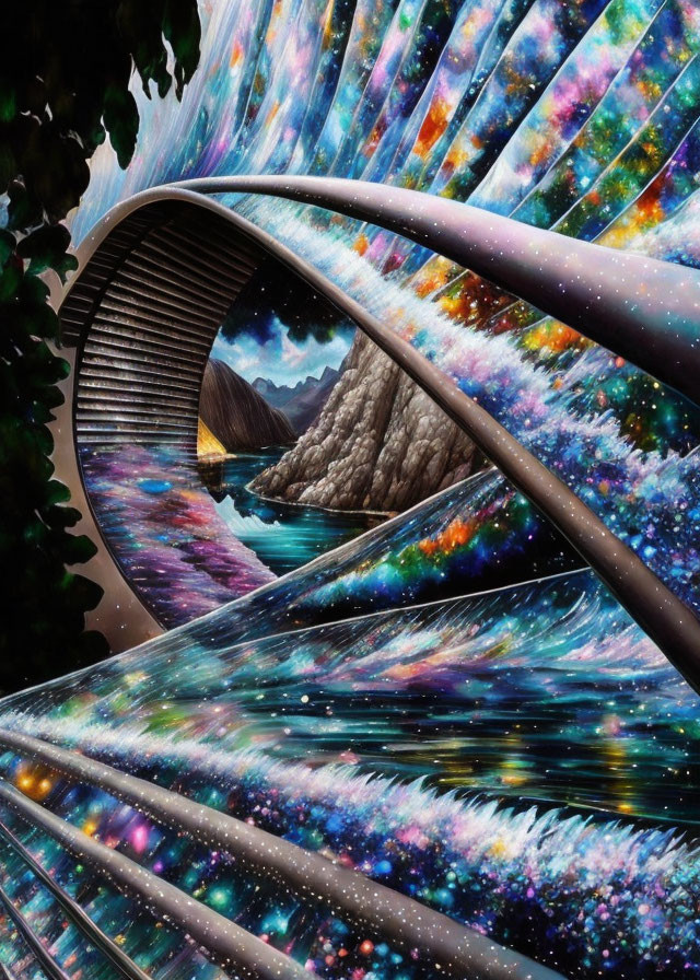 Surreal cosmic rollercoaster track with mountainous backdrop