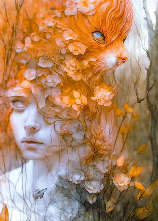 Surreal artwork: Woman's face, autumnal flora, orange cat