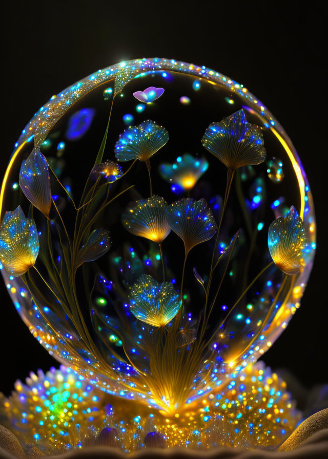 Vibrant illuminated fiber optic flowers in transparent globe display