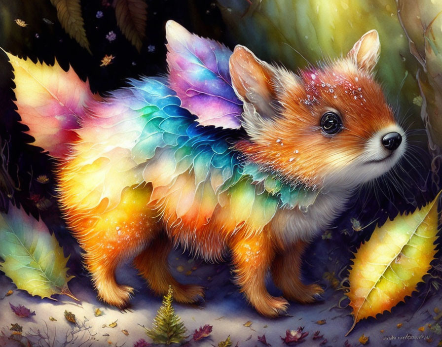 Colorful fantasy illustration: Small fox with iridescent wings in lush, leafy setting