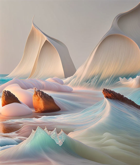 Tranquil Desert Landscape with Pastel Dunes and Textured Rocks