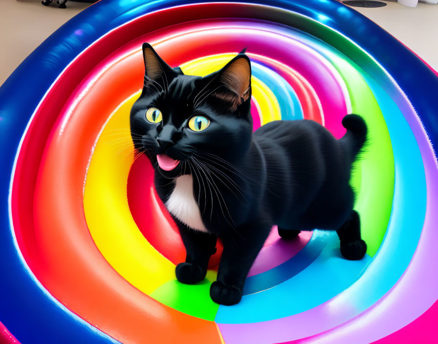 Black Cat with Bright Yellow Eyes on Rainbow Surface