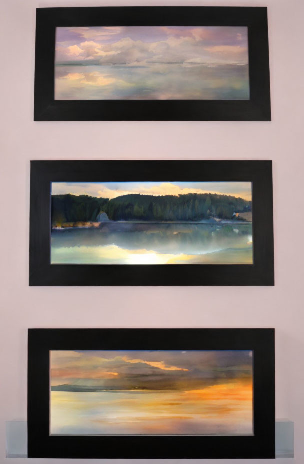 Three Framed Landscape Paintings of Serene Natural Scenes