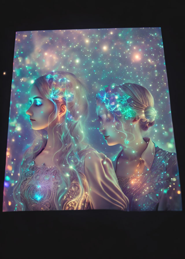 Ethereal makeup on two women with glowing star-like accents against cosmic backdrop