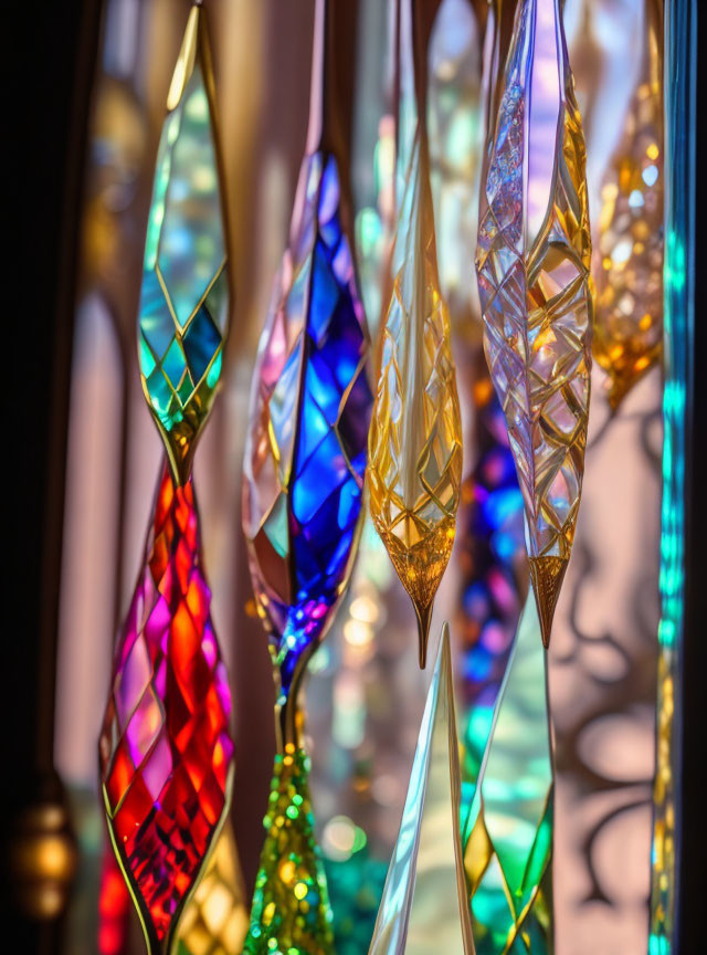 Vibrant glass ornaments with intricate patterns in window light