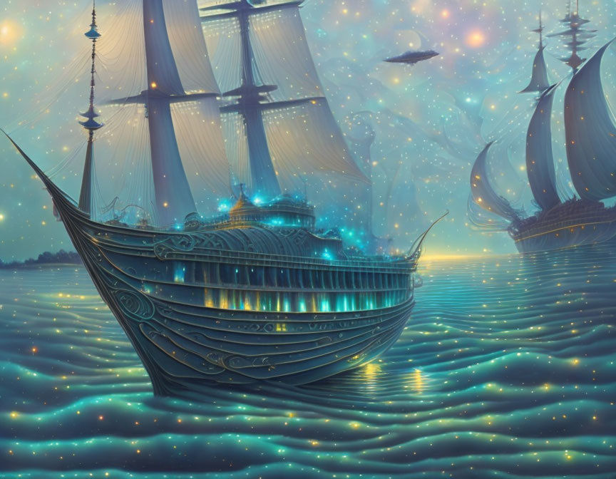 Fantastical illuminated sailing ships on starry ocean at dusk