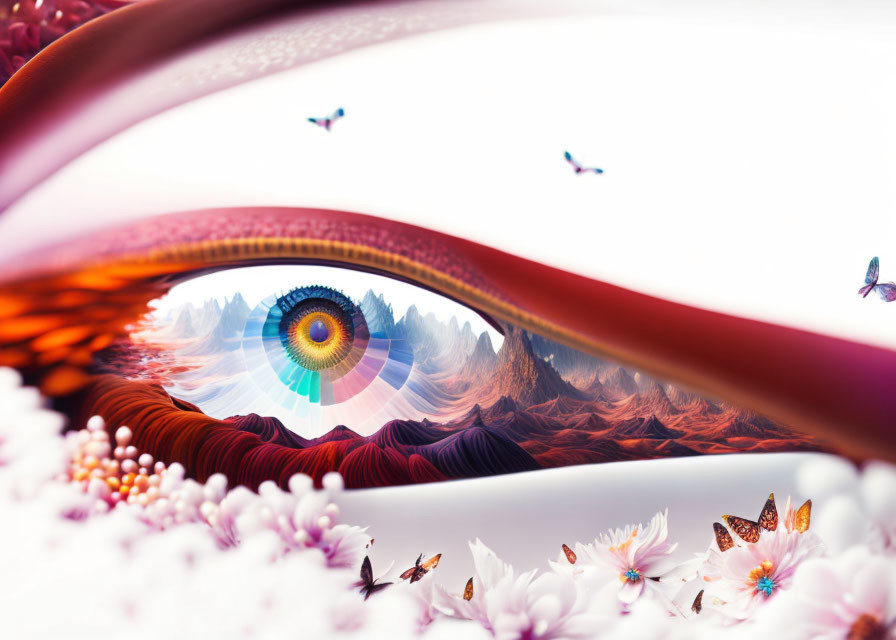 Multicolored eye pattern in surreal landscape with butterflies and stylized flowers