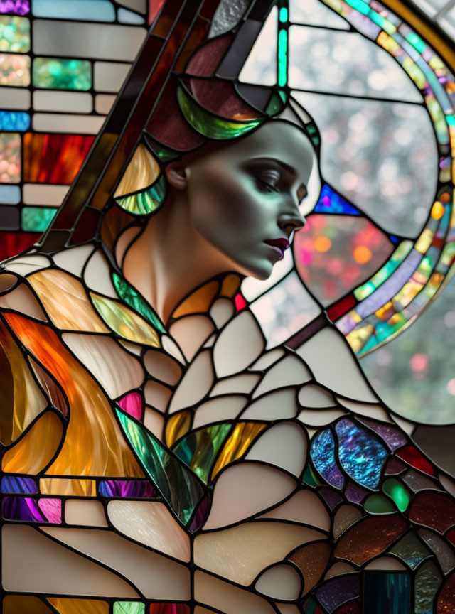 Vibrant stained glass artwork of woman's profile with intricate mosaic design