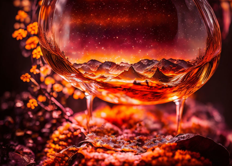 Close-up of Cognac Glass with Galaxy-Like Liquid on Warm Bokeh Background