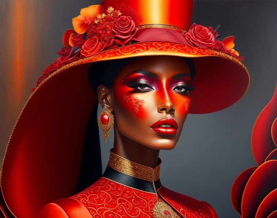 Stylized portrait of woman in red makeup, hat, and outfit