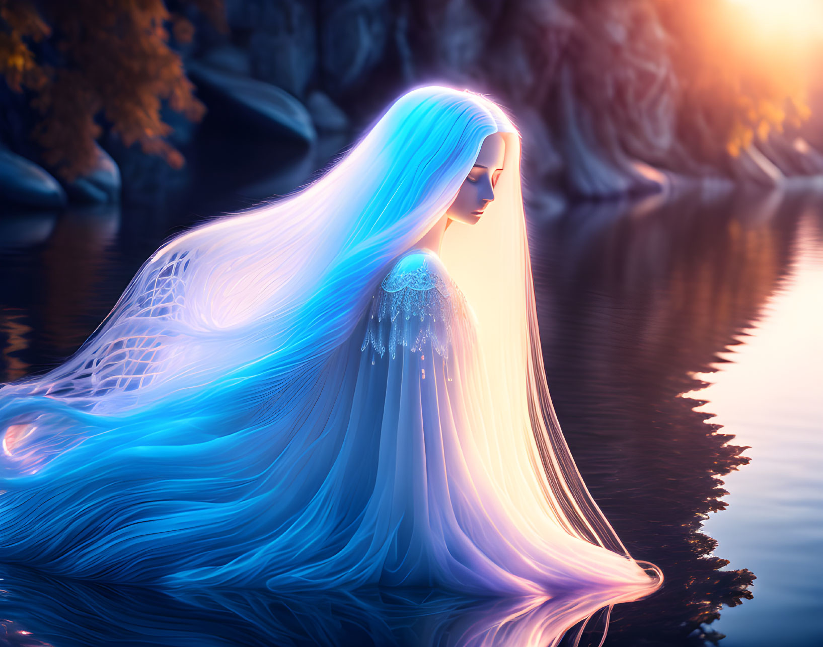 Mystical female figure with blue hair by serene lake at sunset