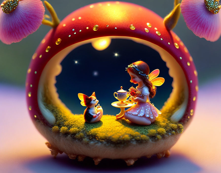 Whimsical fairy serving tea in red fruit surrounded by flowers and stars