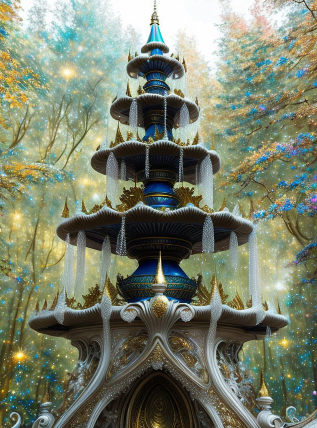 Fantastical multi-tiered tower in enchanted autumn forest