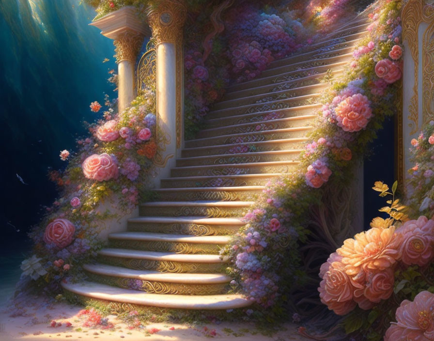 Golden-trimmed staircase with pink and purple flowers leading to glowing entrance