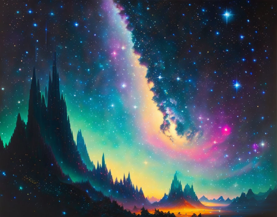 Colorful Fantasy Night Sky with Nebulae and Mountains