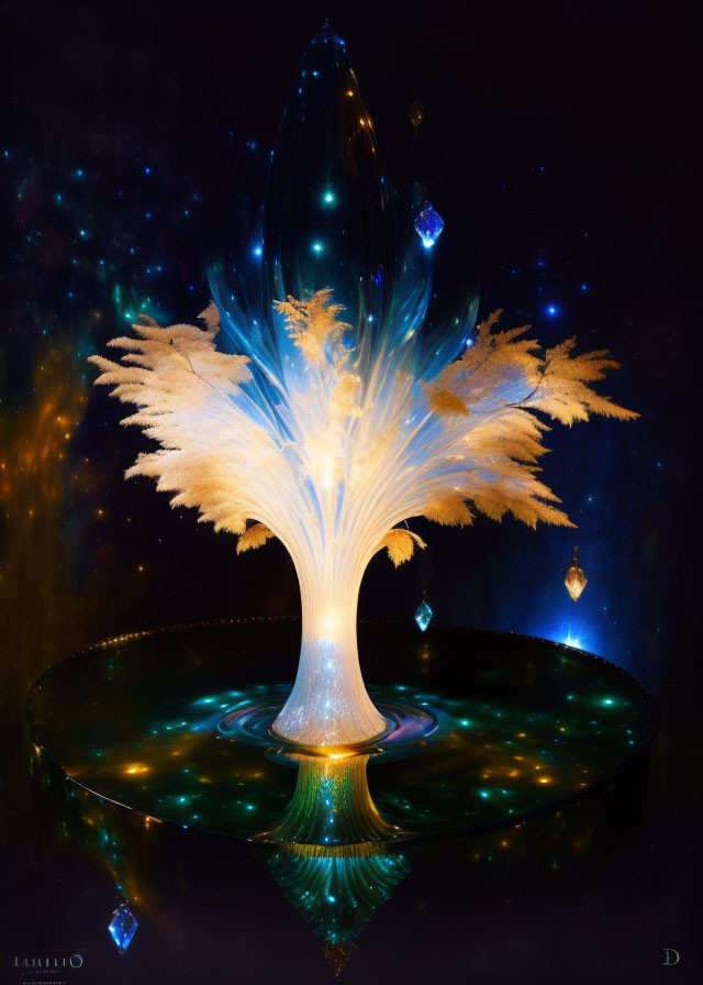 Luminous tree with cosmic backdrop on reflective surface