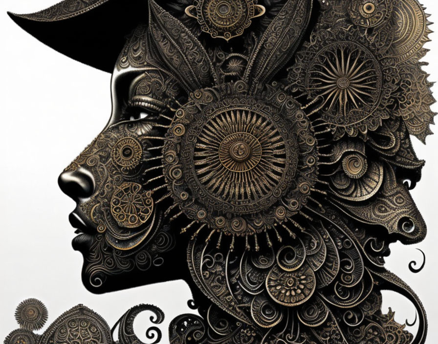 Digital artwork: Female figure with intricate metallic headdress