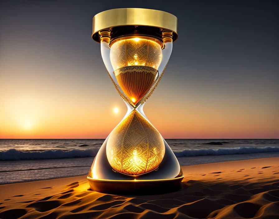 Ornate hourglass on sandy beach at sunset with warm glow