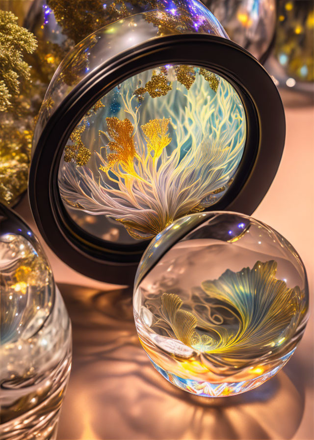 Abstract Trees in Glass Spheres with Golden Hue and Sparkling Highlights