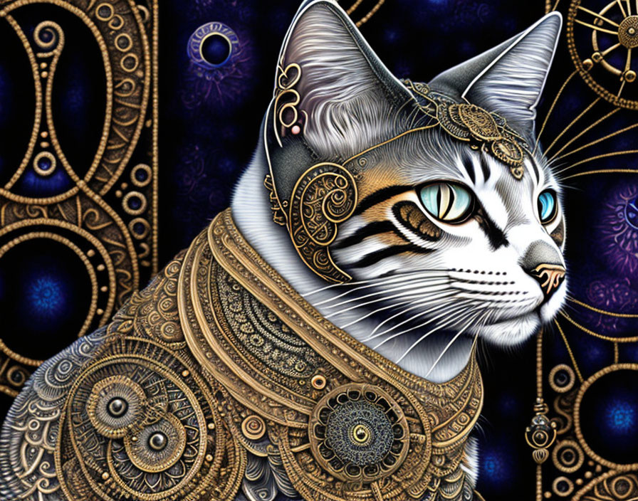 Intricate golden armor cat in cosmic blue background