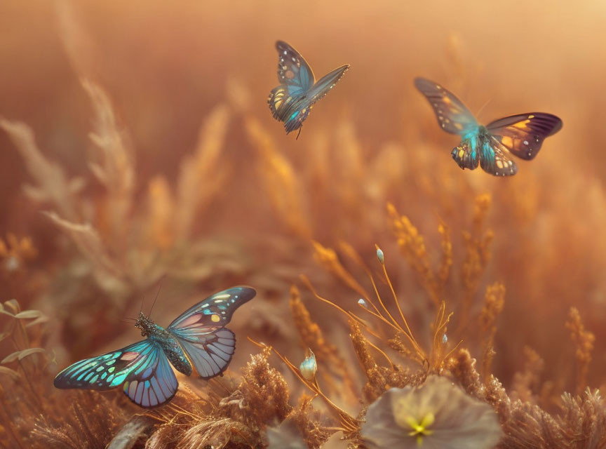 Iridescent butterflies among golden plants in a peaceful scene