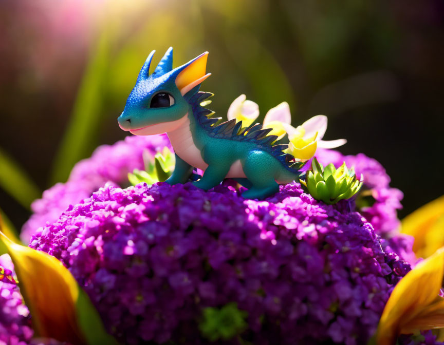 Blue and Green Toy Dragon on Purple Flower in Soft Sunlight