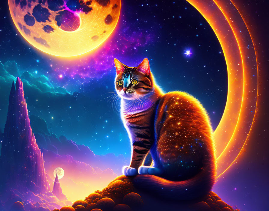 Colorful digital art: Luminous cat under cosmic sky