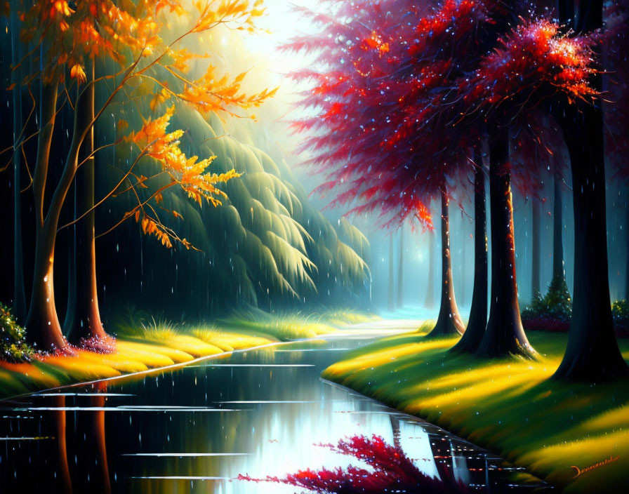 Tranquil landscape with vibrant trees and wet path