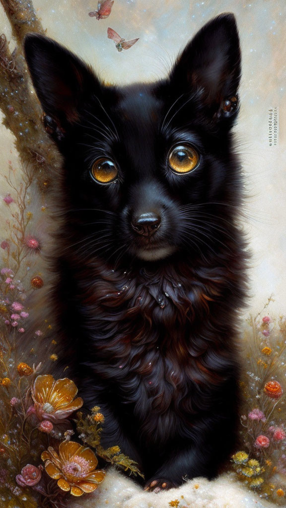 Fluffy Black Puppy with Amber Eyes in Fantasy Scene