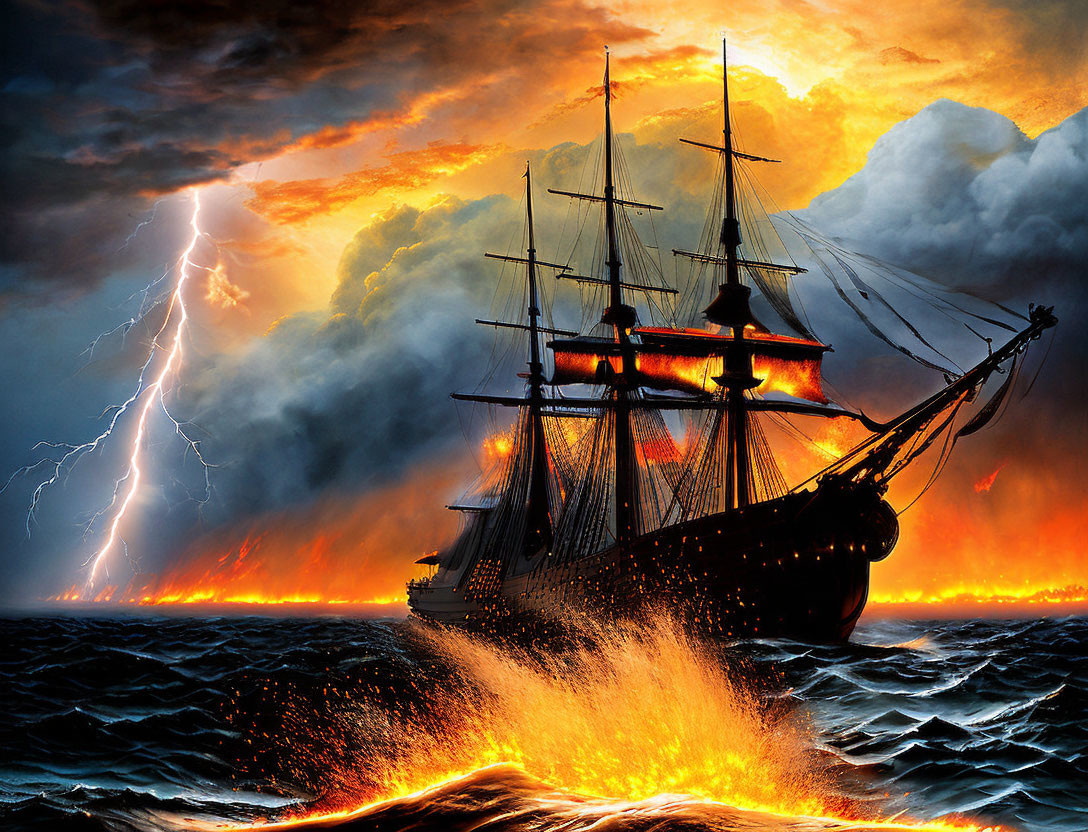 Tall ship sailing in stormy seas with lightning and fiery horizon