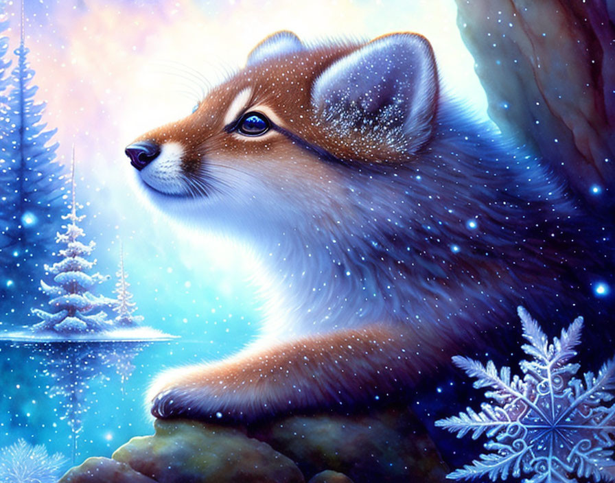 Whimsical winter fox illustration with snow and magical ambiance