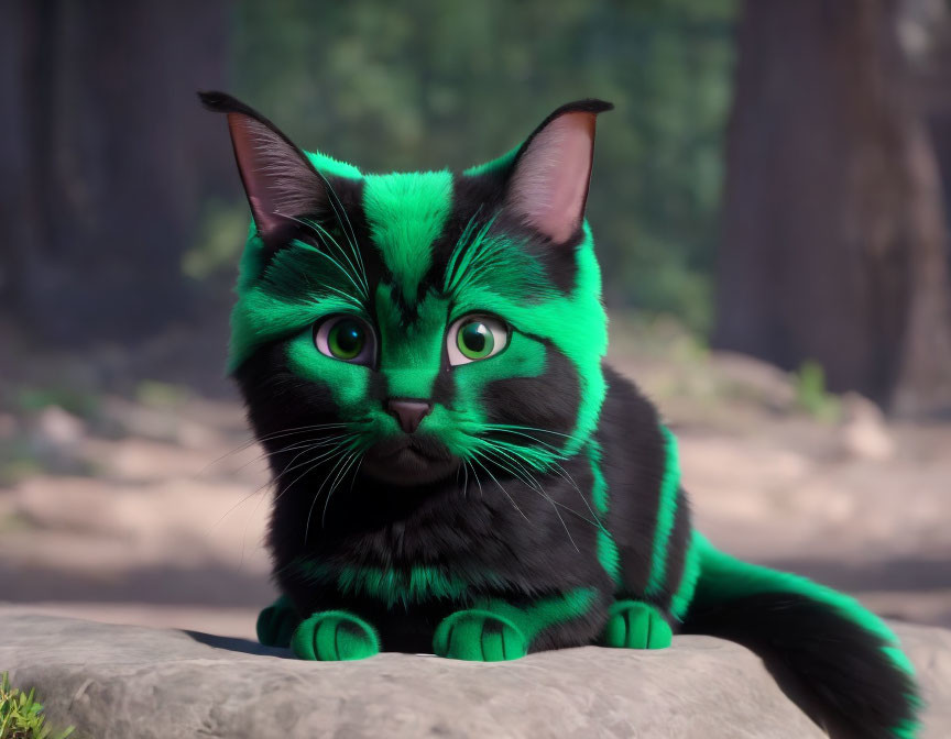 Digital artwork featuring black cat with green stripes and eyes in forest setting