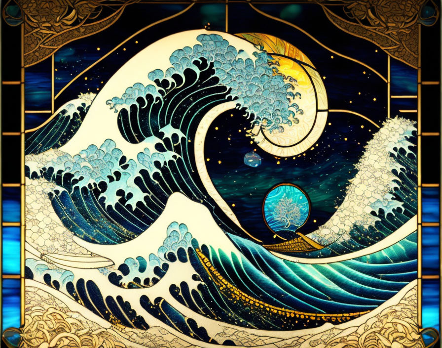 Circular Wave Artwork with Gold Accents Inspired by "The Great Wave off Kanagawa