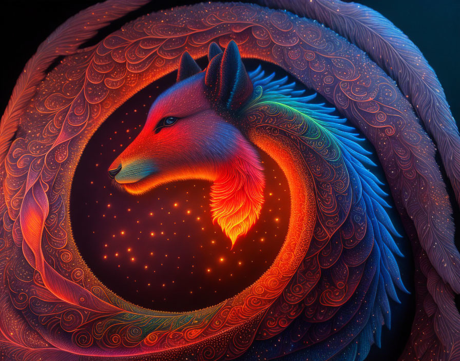 Colorful glowing fox with circular feather patterns on dark background