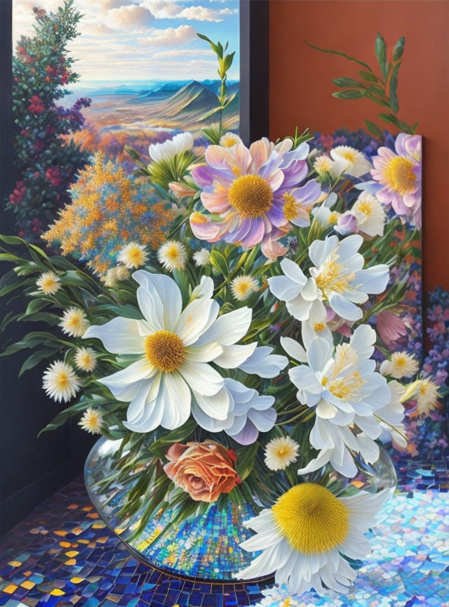 Colorful painting of glass vase and flowers on mosaic table with mountain landscape.