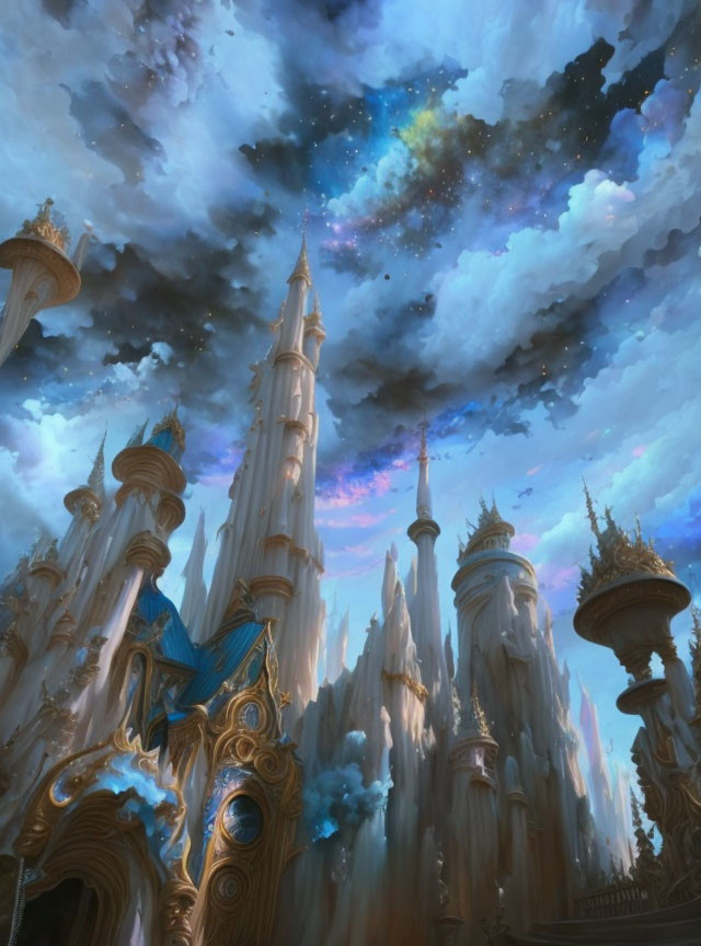 Fantastical castle with towering spires under cosmic sky