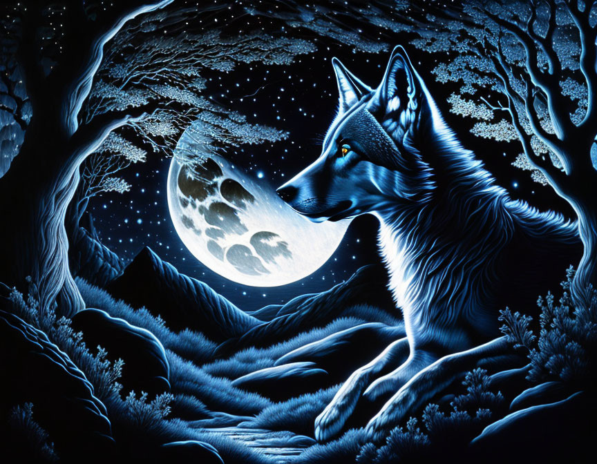 Mystical wolf under full moon in luminous forest