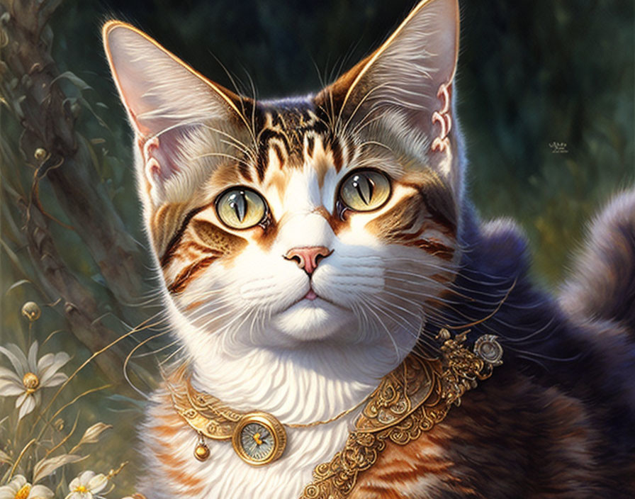 Detailed digital painting of a cat with striking eyes and ornate gold necklace on floral backdrop