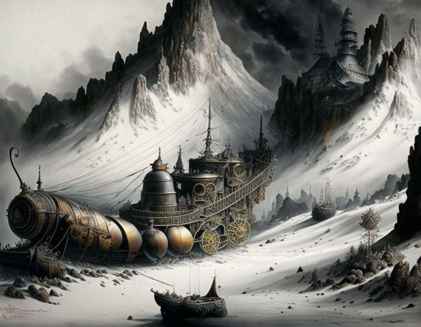 Steampunk-style ship on wheels in snowy landscape with mountains and castle.