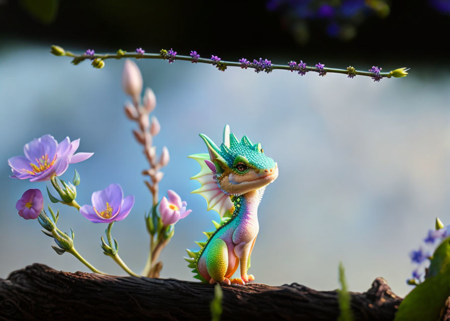 Colorful dragon figurine with purple flowers and pink blooms on branch