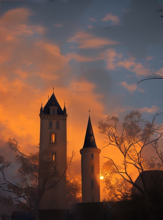 Castle with two towers against vibrant orange sky at sunset