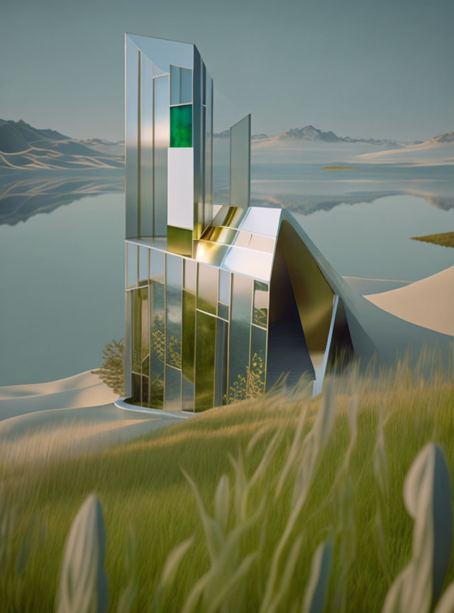 Reflective glass building by tranquil lakeside & mountains