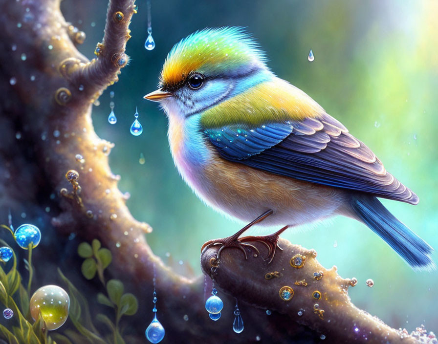 Colorful Bird Perched on Branch with Water Droplets and Bubbles