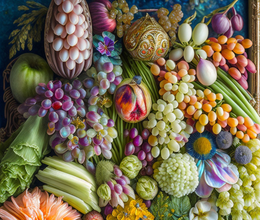 Colorful fruits, vegetables, and flowers in vibrant still life composition