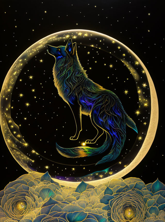 Colorful Stylized Wolf in Crescent Moon with Floral Patterns